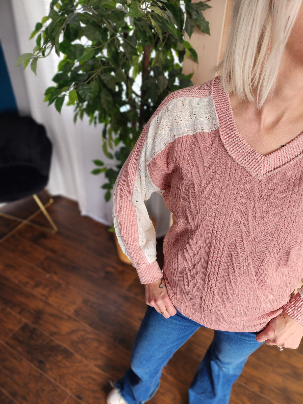 Mauve cable knit color block lace long sleeve *