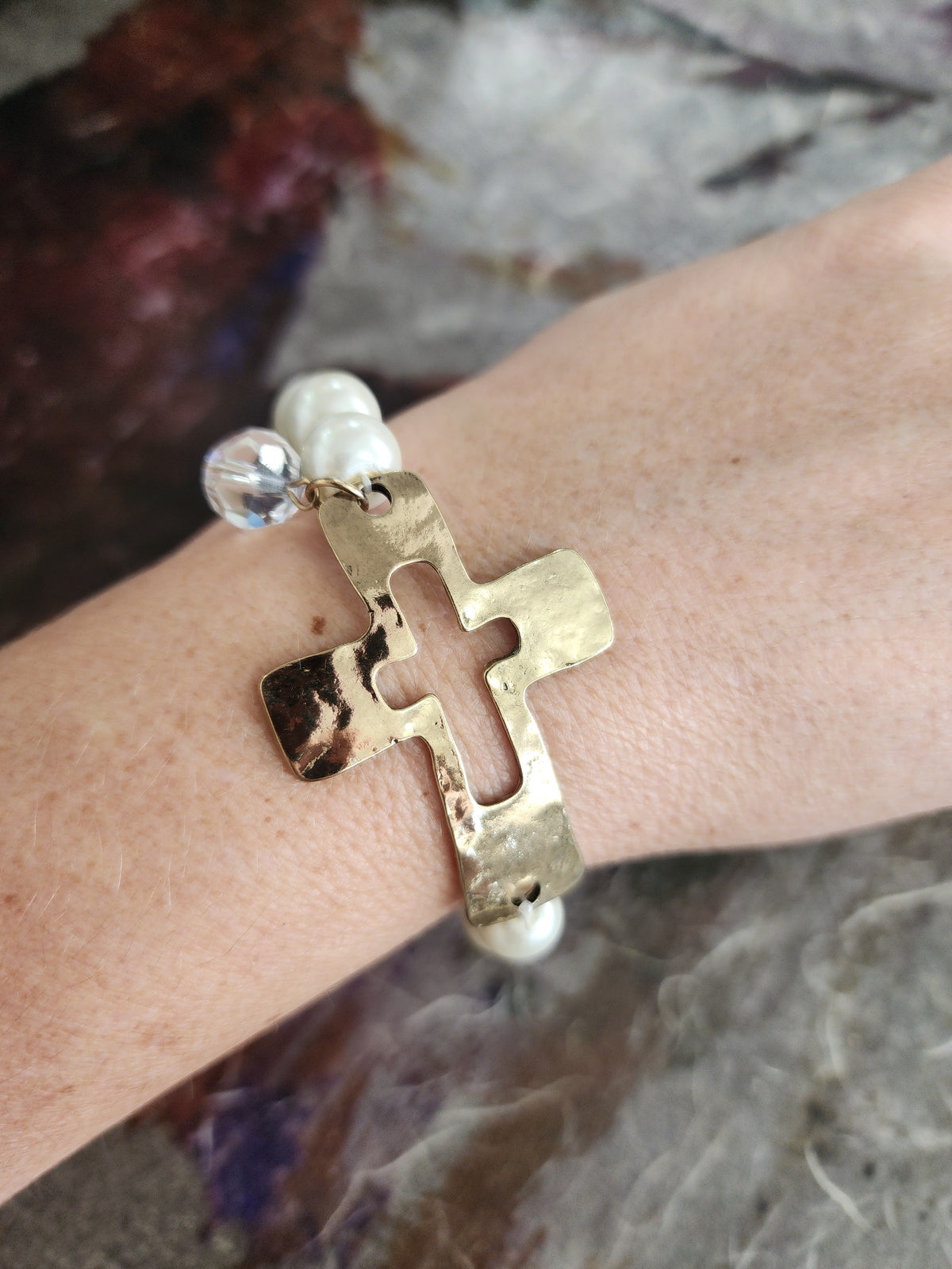 Gold Cross with pearl beads bracelet