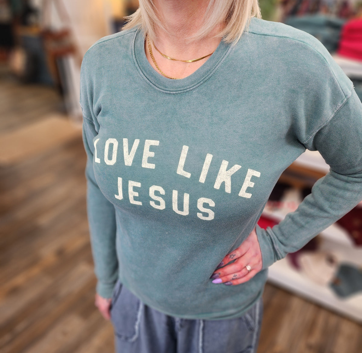 LOVE LIKE JESUS Mineral Graphic Sweatshirt: DUSTY FOREST