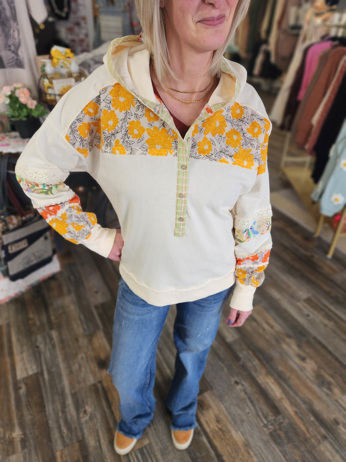 Boho Floral Patch Block long sleeve hoodie by Easel