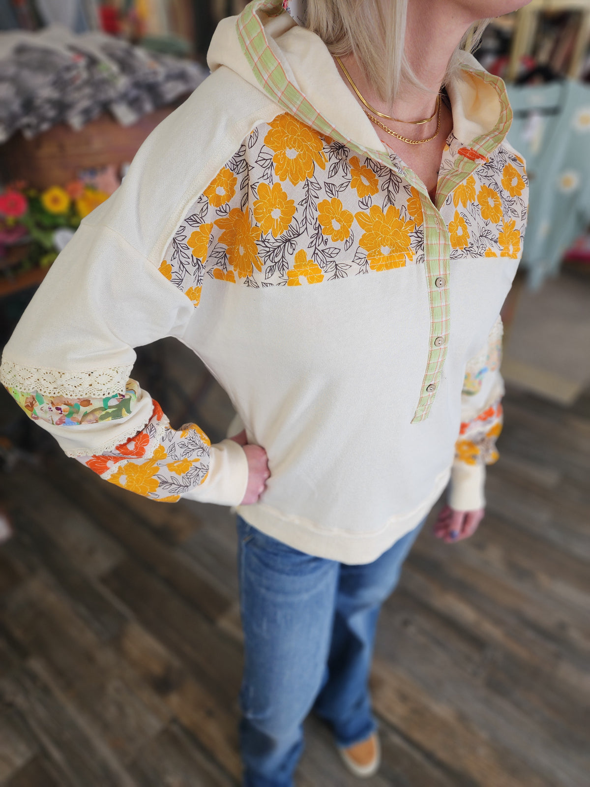 Boho Floral Patch Block long sleeve hoodie by Easel