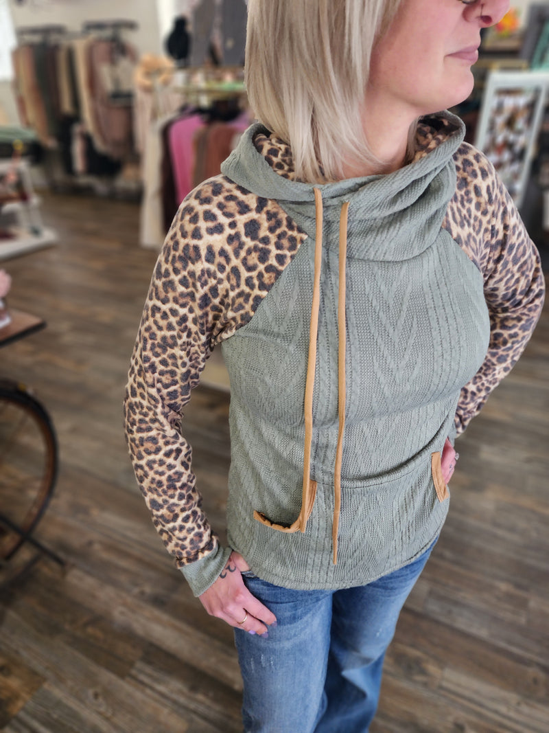 Leopard and Olive blocked long sleeve hoodie