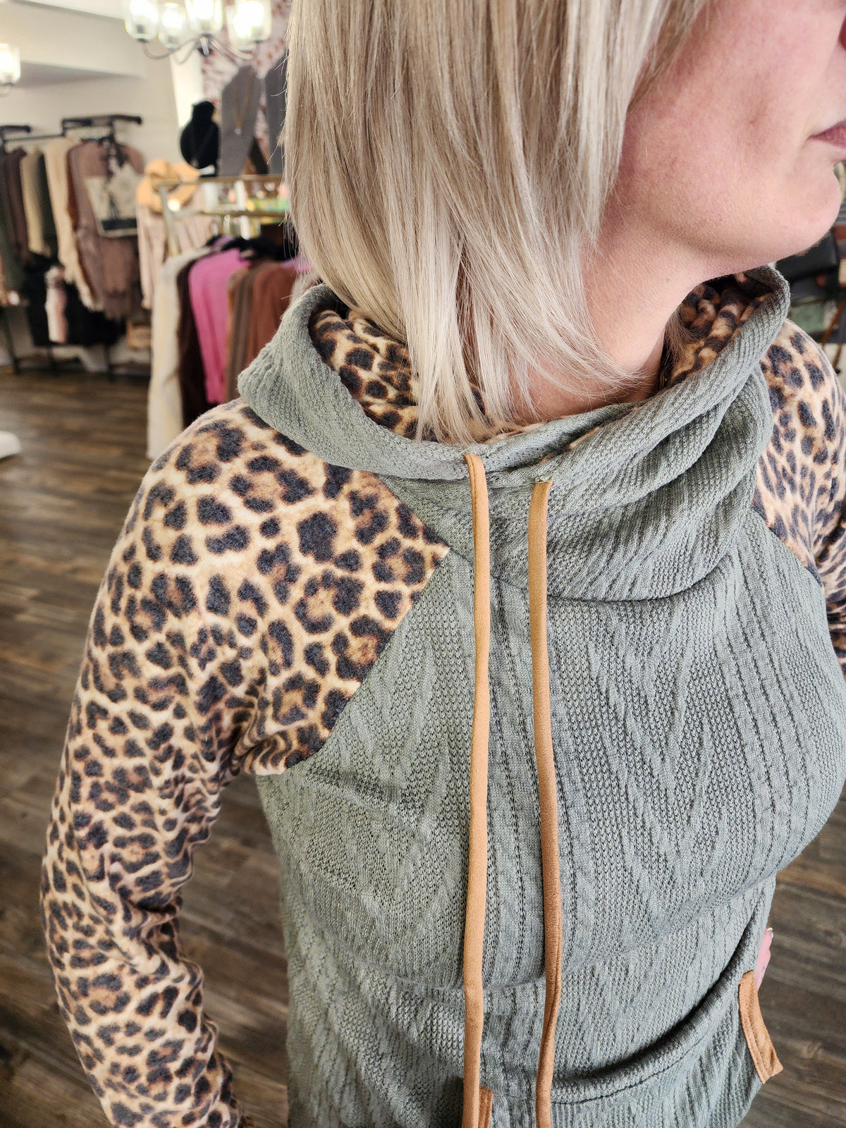 Leopard and Olive blocked long sleeve hoodie