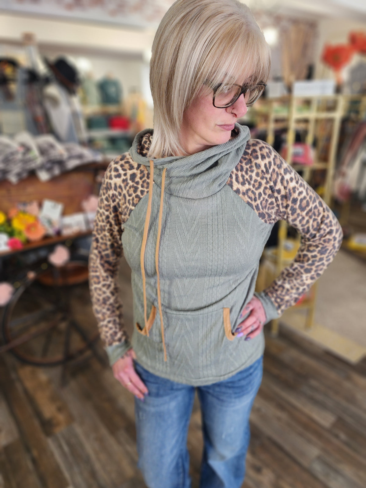 Leopard and Olive blocked long sleeve hoodie