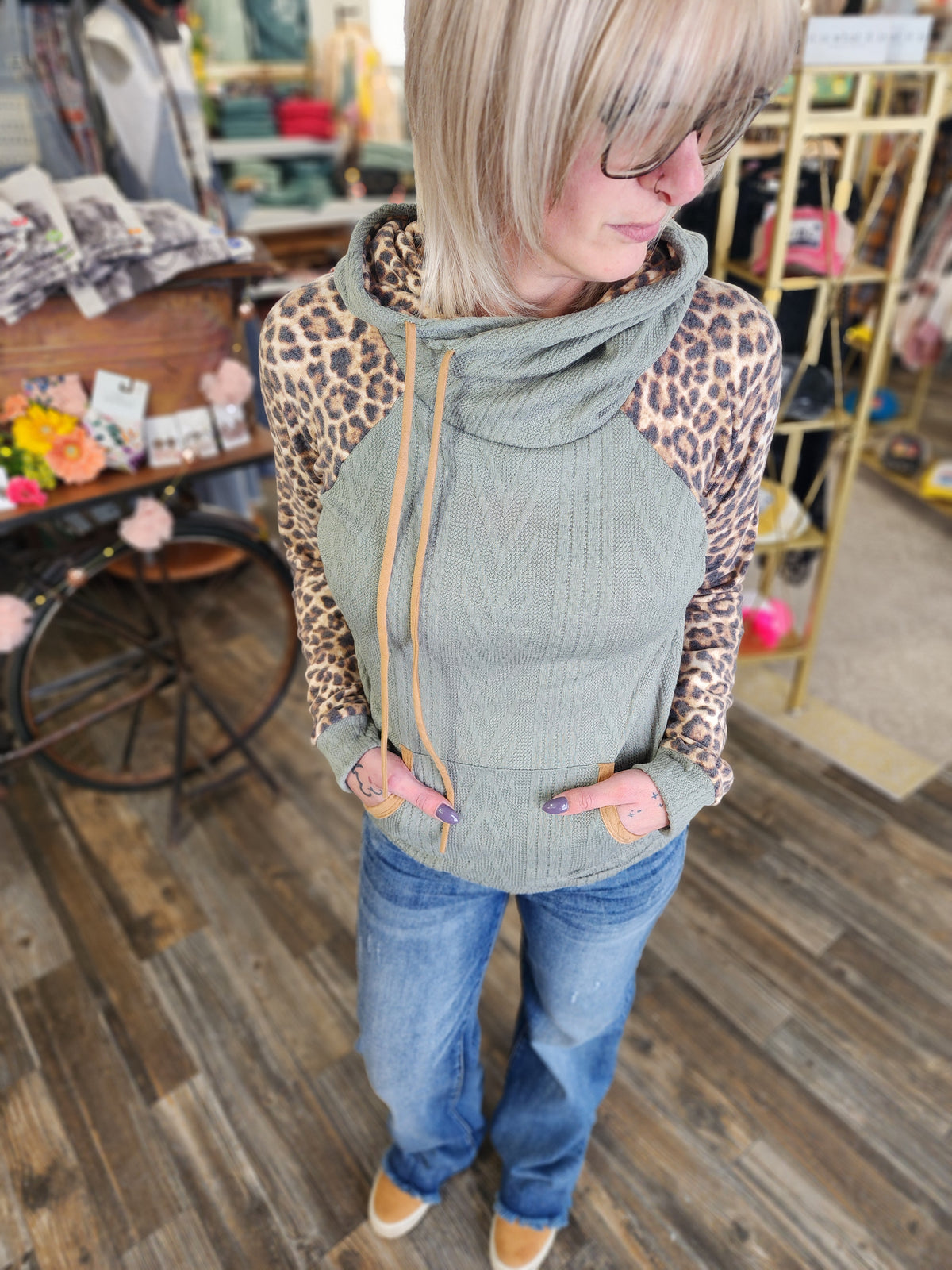 Leopard and Olive blocked long sleeve hoodie