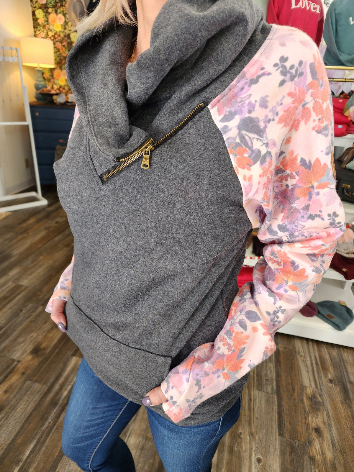 Charcoal and Floral Zip Cowl Long Sleeve *