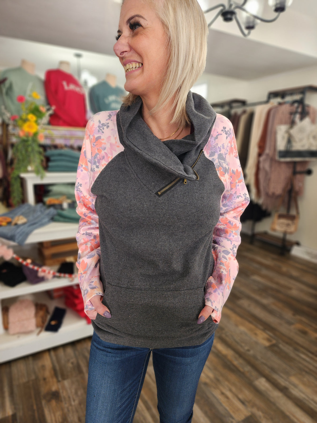 Charcoal and Floral Zip Cowl Long Sleeve *