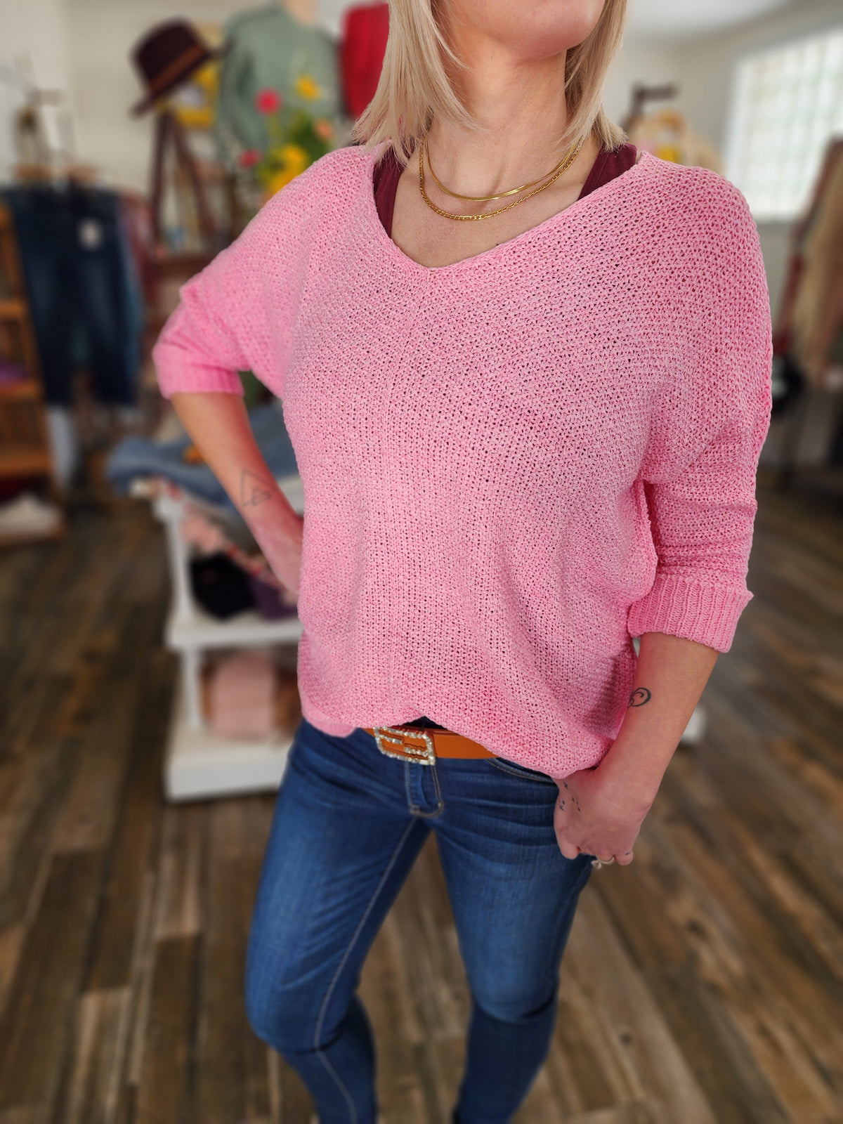 Sheer Long Sleeve Loose Knit Blouse Pink