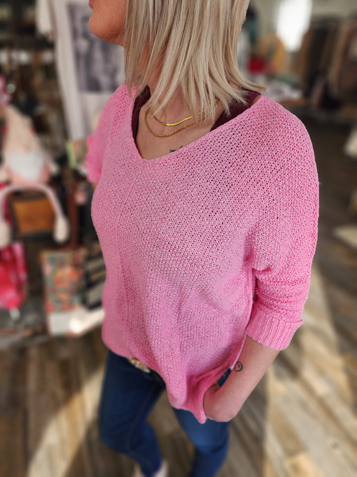 Sheer Long Sleeve Loose Knit Blouse Pink