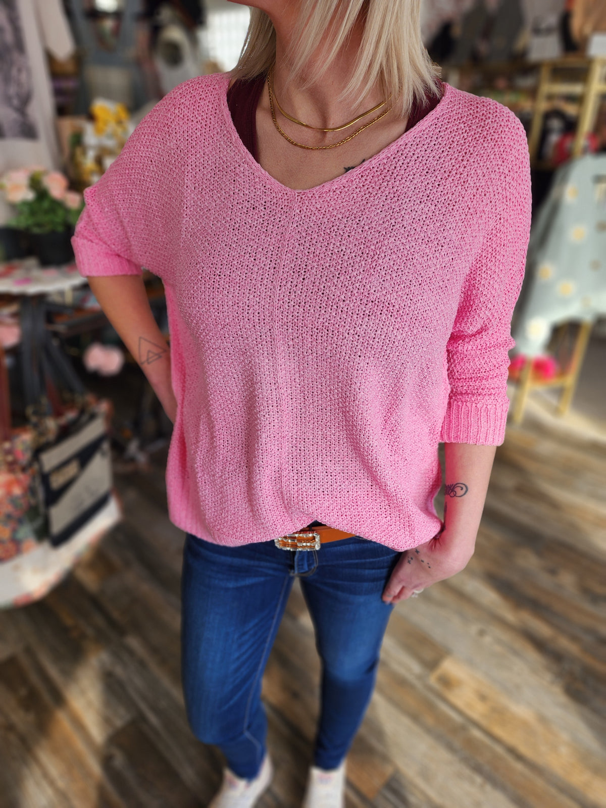 Sheer Long Sleeve Loose Knit Blouse Pink