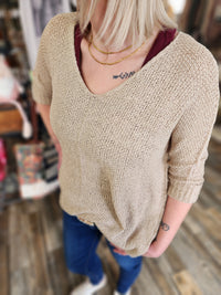 Sheer 3/4 Long Sleeve Loose Knit Blouse Taupe