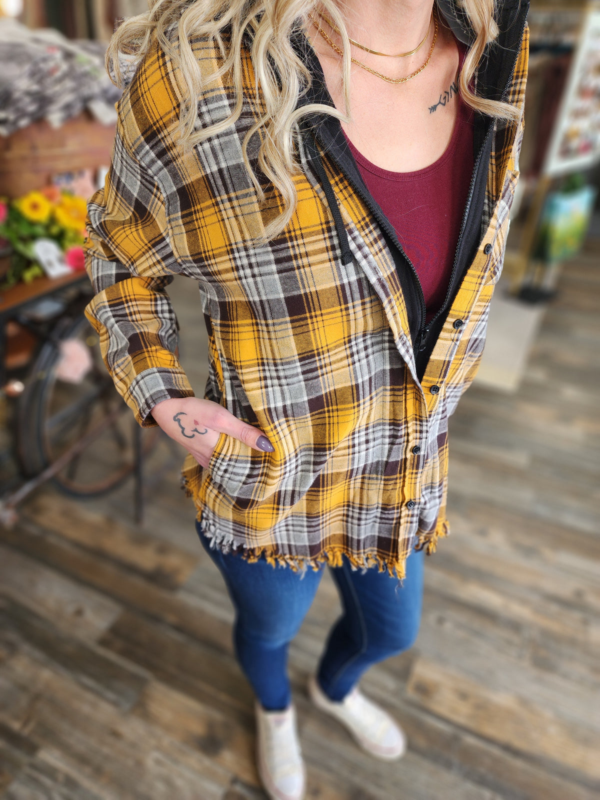 Frayed Hem Hoodie Flannel button up long sleeve with side pockets *