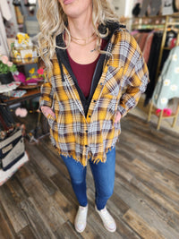 Frayed Hem Hoodie Flannel button up long sleeve with side pockets *