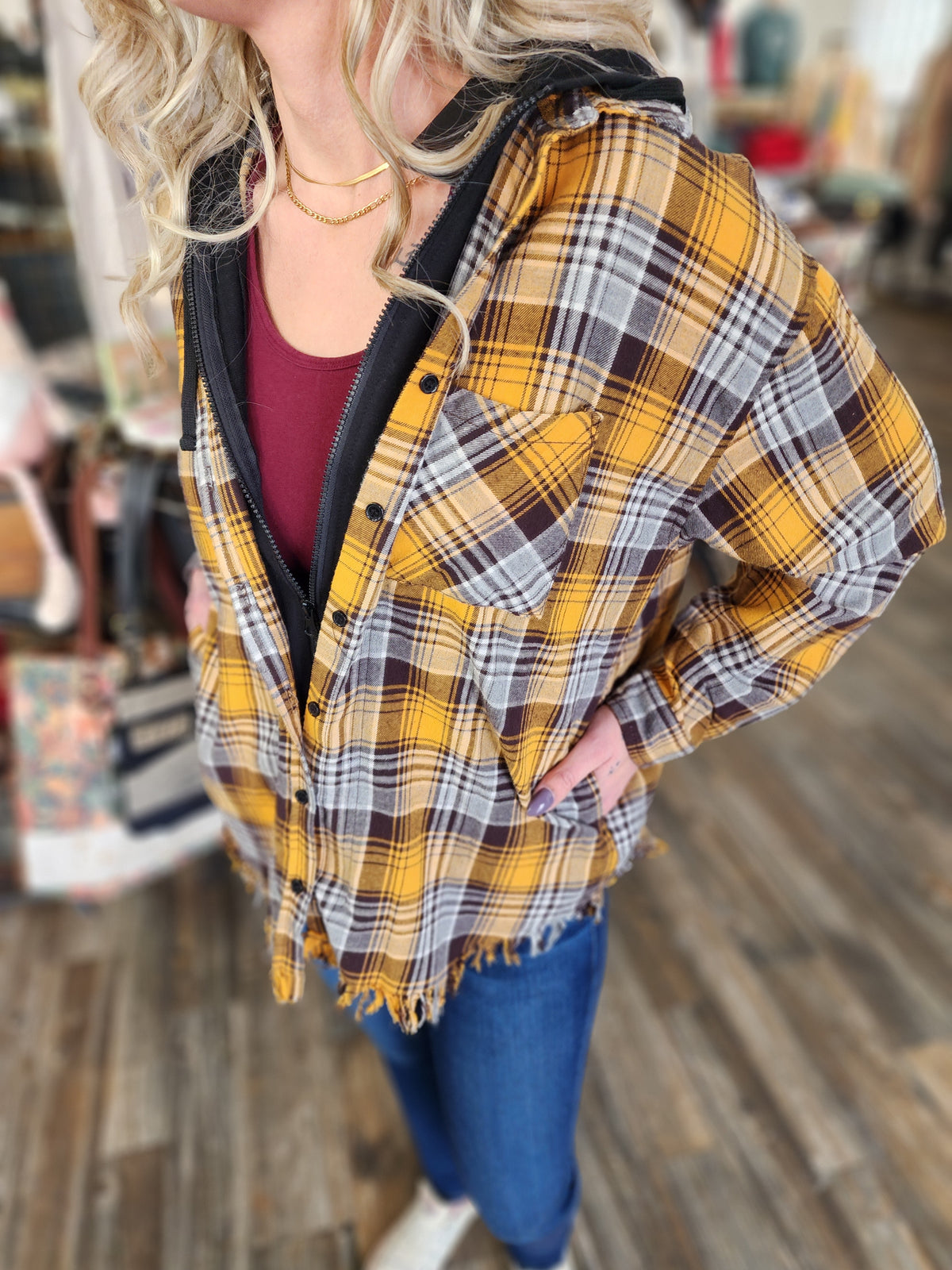 Frayed Hem Hoodie Flannel button up long sleeve with side pockets *