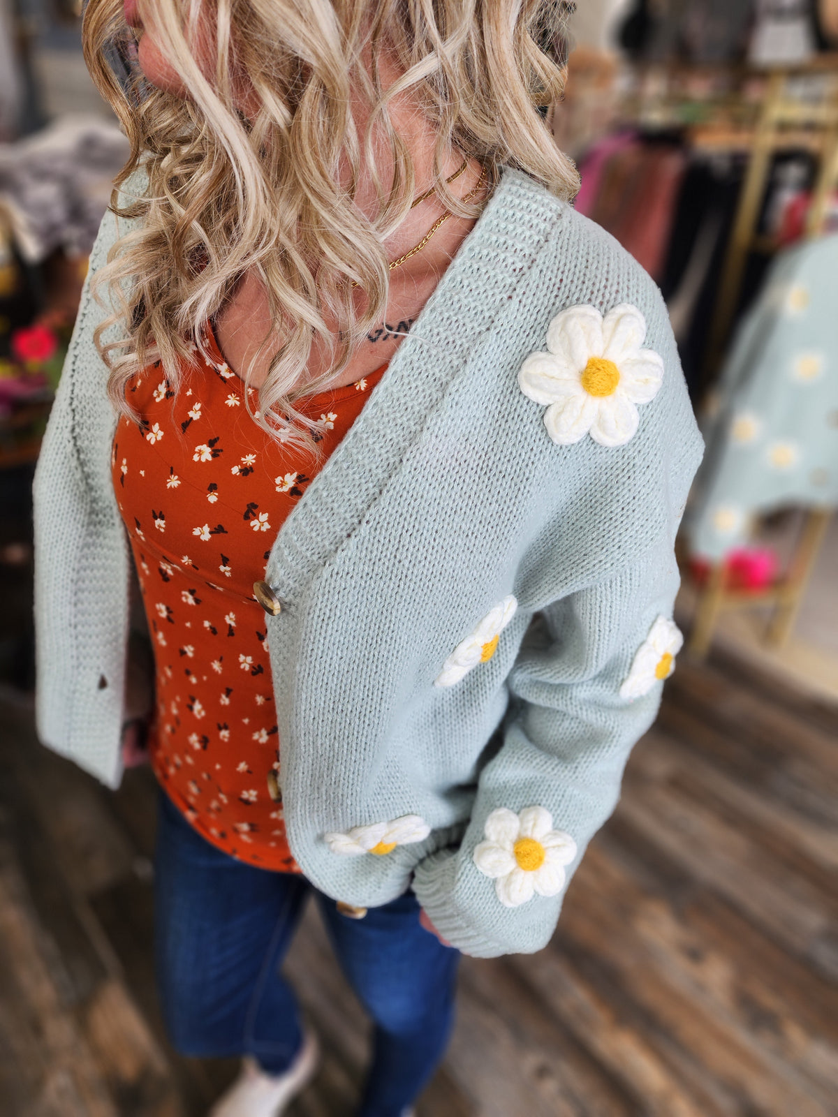 DROP SHOULDER FLOWER CARDIGAN