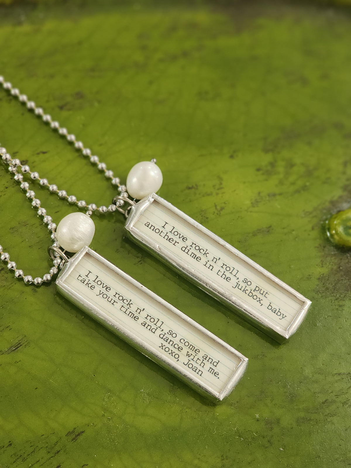 "Put another dime in the jukbox" stamped necklace