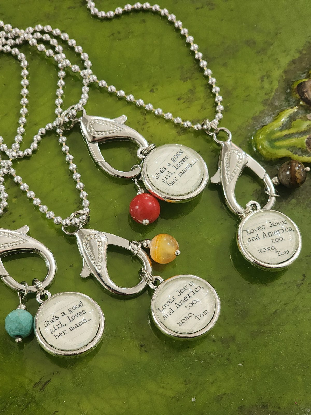 "She's a good girl, loves her mama...Loves Jesus and America, too." Xoxo-Tom stamped necklace