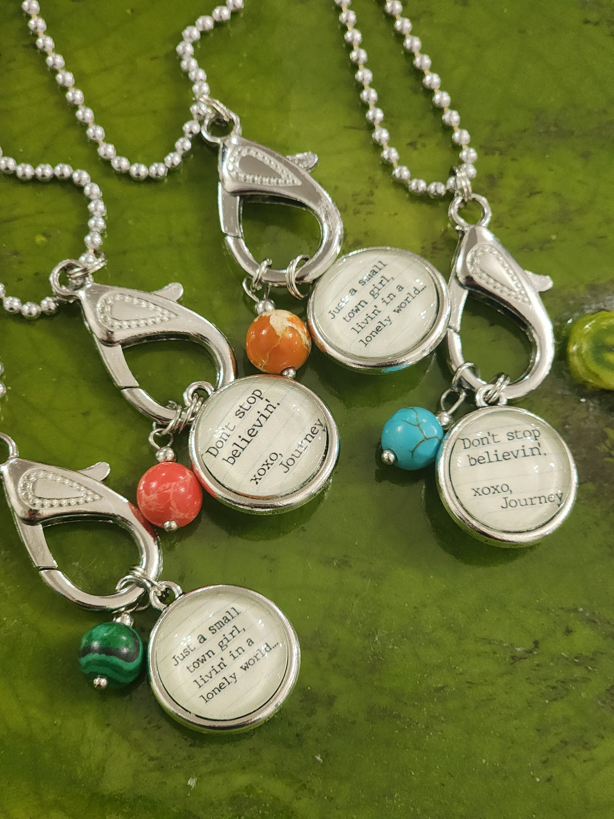 "Just a small town girl, livin' in a lonely world...don'tstop believin'" Xoxo-Journey stamped necklace