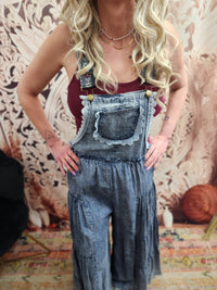 Mineral Washed Lace Tiered Soft Jean Overalls Jumper / Romper by Eesome