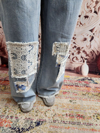 Crochet Patchwork Detail Casual Denim Jean Overalls Jumper / Romper by POL