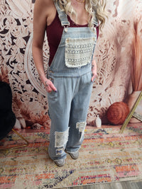 Crochet Patchwork Detail Casual Denim Jean Overalls Jumper / Romper by POL