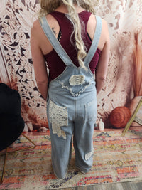 Crochet Patchwork Detail Casual Denim Jean Overalls Jumper / Romper by POL