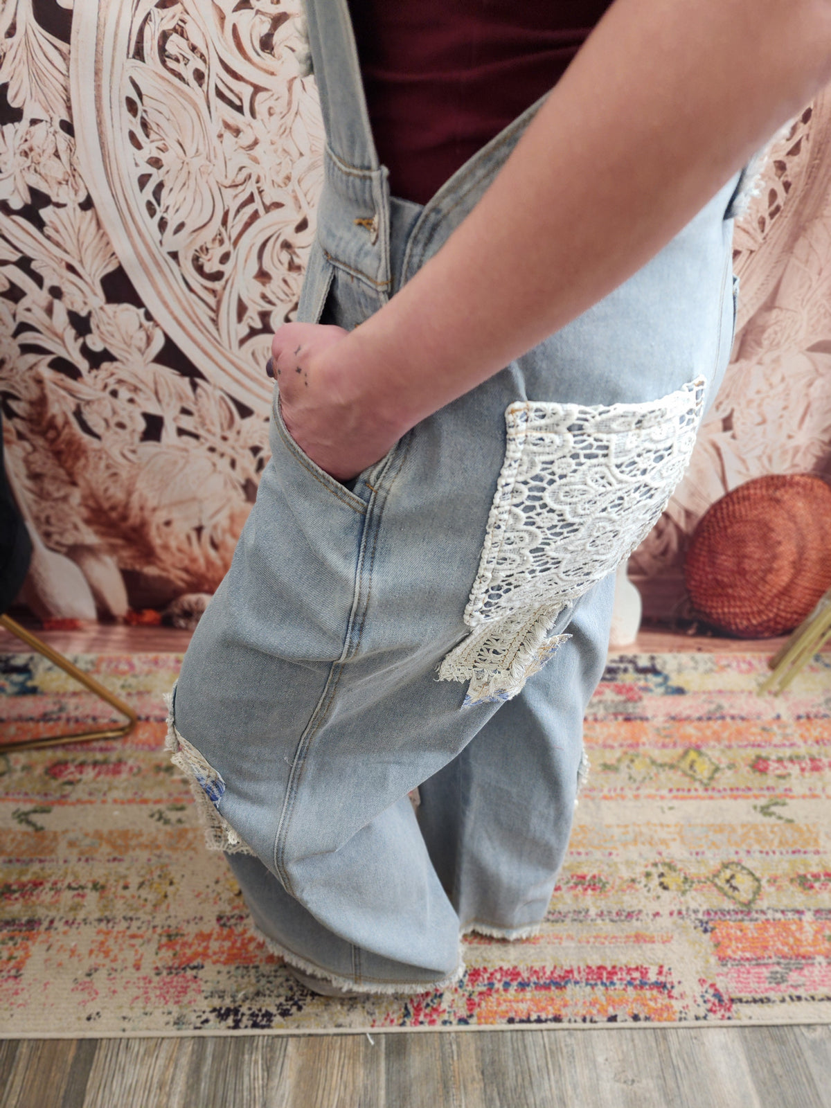 Crochet Patchwork Detail Casual Denim Jean Overalls Jumper / Romper by POL