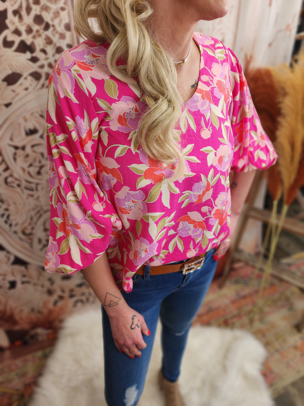 V-Neck Balloon Sleeve Floral Print Woven Blouse Top Blouse : Pink