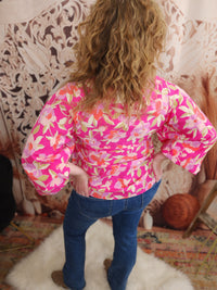 V-Neck Balloon Sleeve Floral Print Woven Blouse Top Blouse : Pink