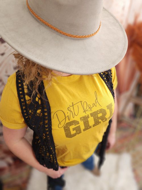 Dirt Road Girl Graphic Shirt: Mustard**