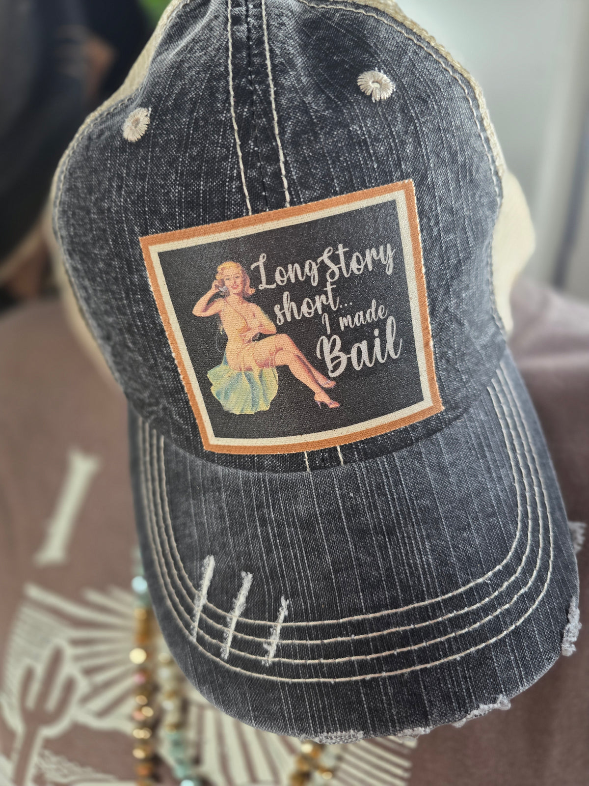 "LONG STORY SHORT I MADE BAIL" DISTRESSED TRUCKER HAT