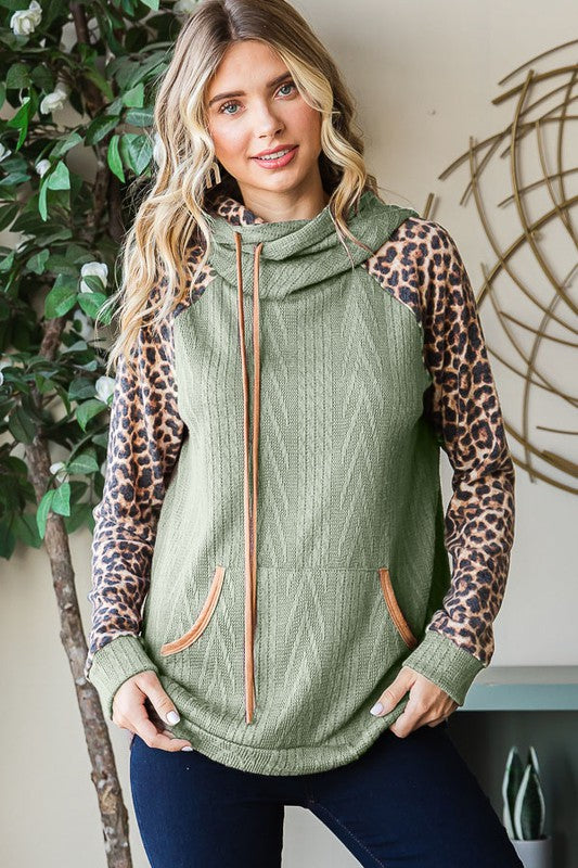 Leopard and Olive blocked long sleeve hoodie