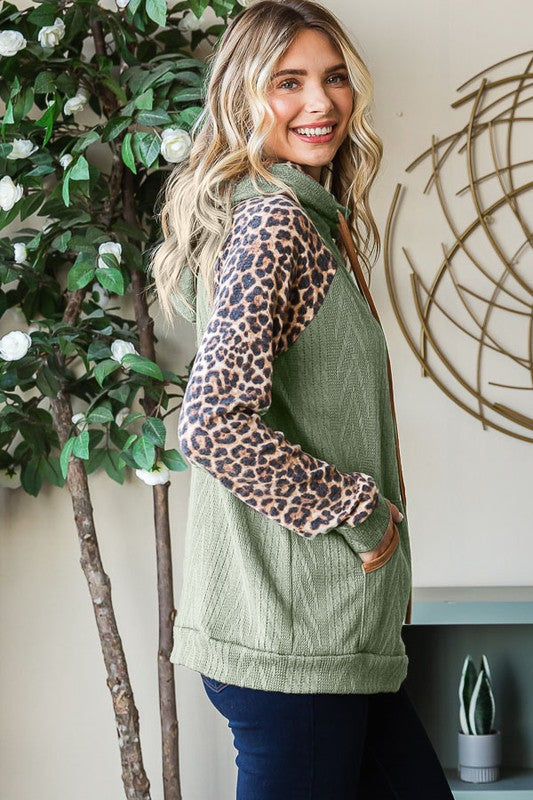 Leopard and Olive blocked long sleeve hoodie