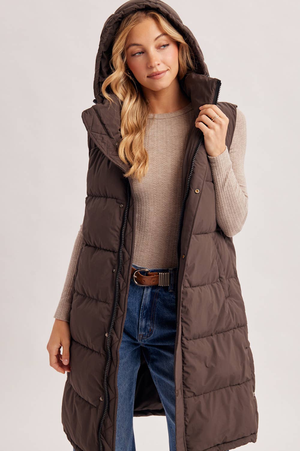 DETACHABLE HOOD ZIPPER LONGLINE QUILTED PUFFER VEST JACKET : ASH BROWN
