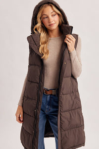 DETACHABLE HOOD ZIPPER LONGLINE QUILTED PUFFER VEST JACKET : ASH BROWN