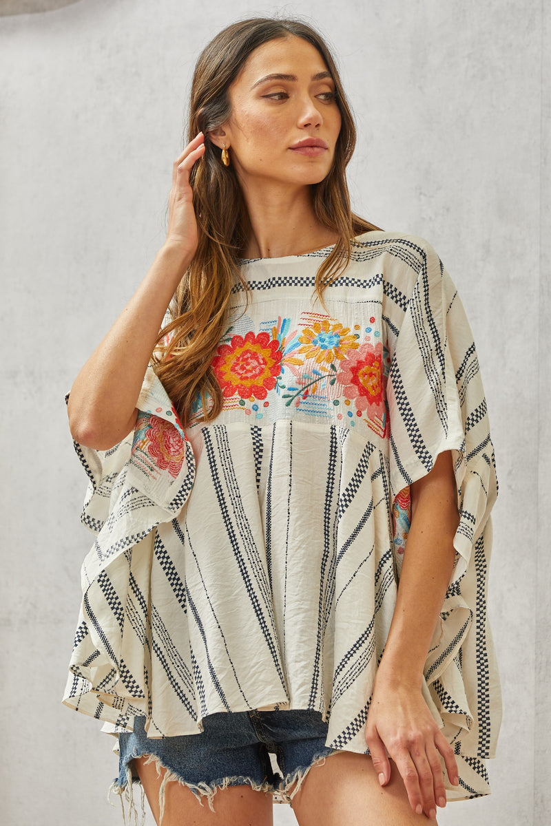 Coastal Daze emroidered poncho blouse S-2x/3x