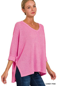 Dolly 3/4 Sleeve Loose Knit Blouse Sm - XL in Candy Pink