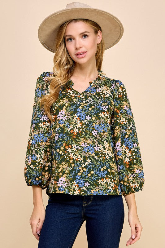 Evergreen Fall Floral Blouse with 3/4 sleeve * on sale