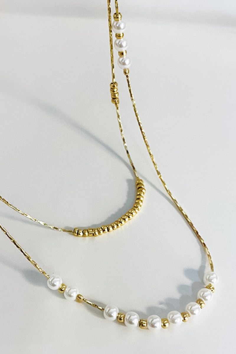 18k Gold bead and pearl pendant layered necklace