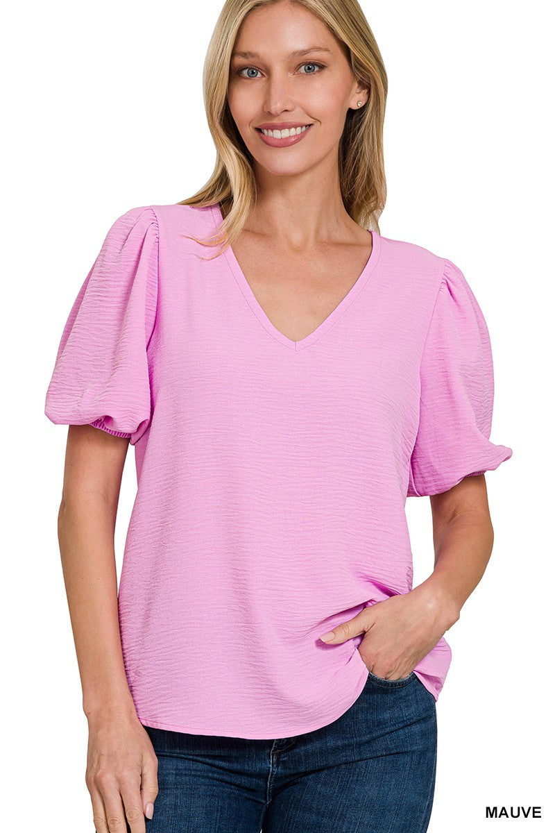 Puff Sleeve V-Neck Blouse in Pink