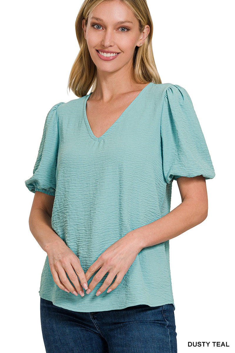 Puff Sleeve V-Neck Blouse in Teal