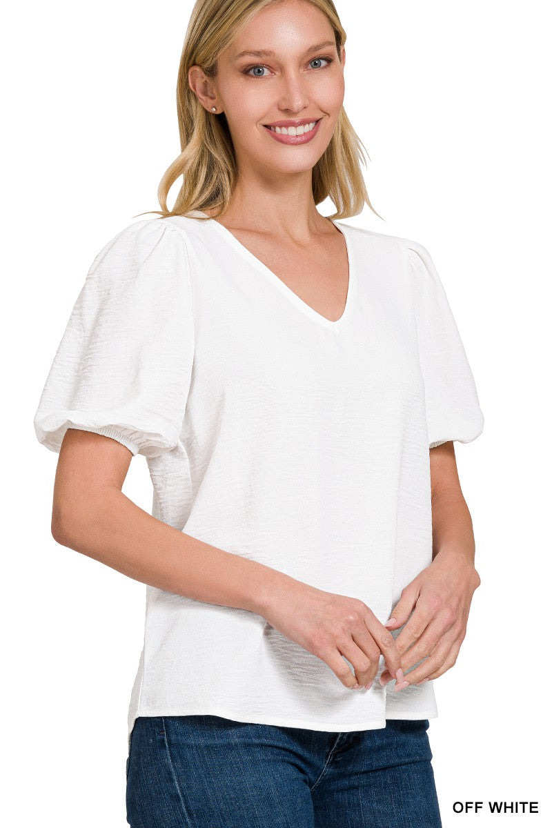 Puff Sleeve V-Neck Blouse in White
