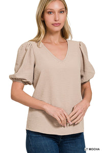 Puff Sleeve V-Neck Blouse in Mocha * on sale