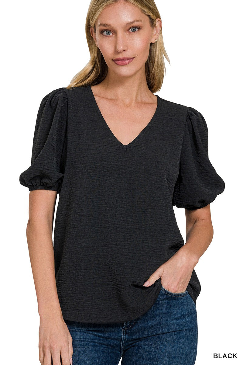Puff Sleeve V-Neck Blouse in Black