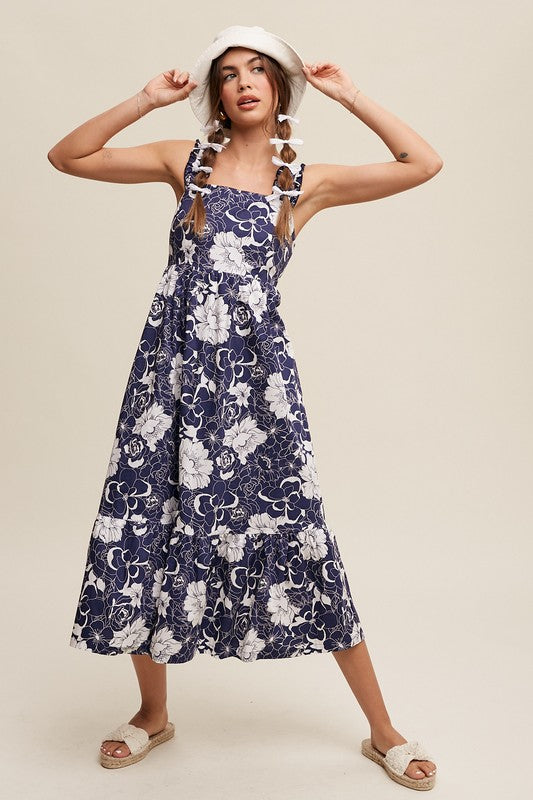 Navy Floral V-neck smocked back midi dress