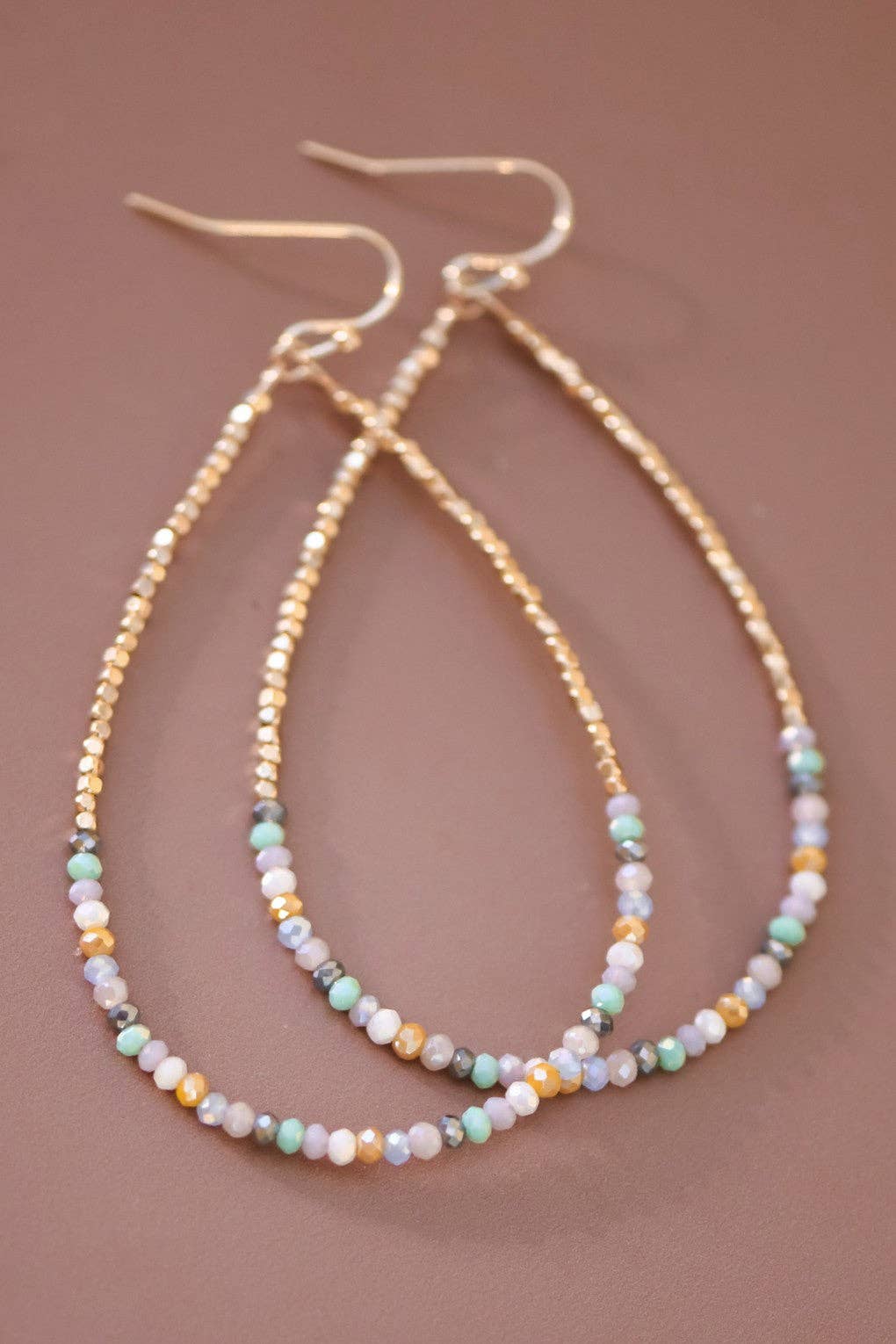 Teardrop Wire Beaded Earrings with Glass Crystals -