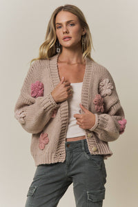 CHUNKY FLORAL CHIC KNIT CARDIGAN: KHAKI