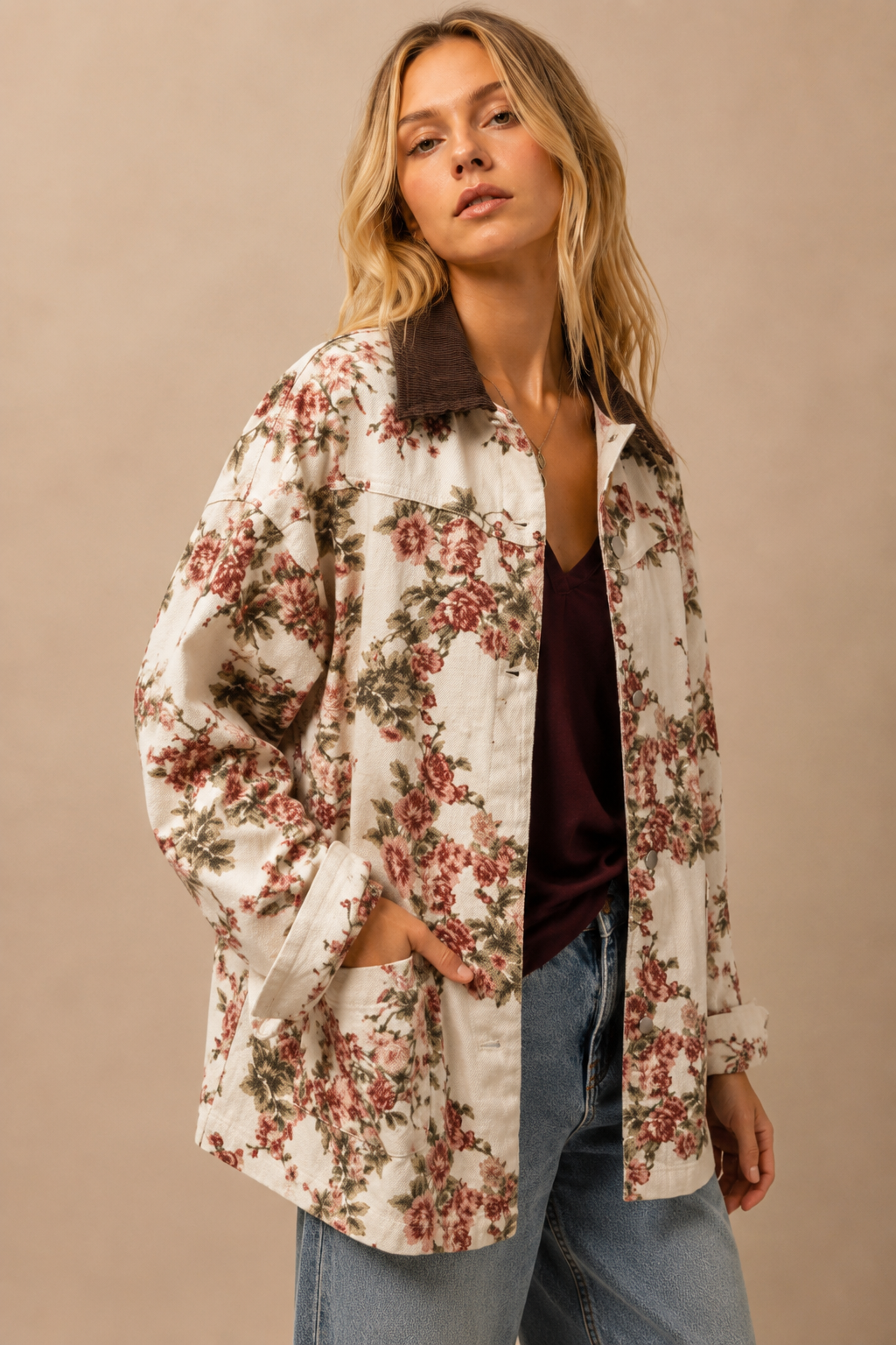 Vintage Floral Canvas Jacket with Corduroy Collar: CREAM FLORAL