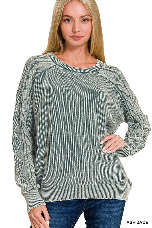 Stone washed Cable Knit Crewneck Long Sleeve Sweater in Ash Jade