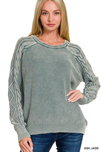 Stone washed Cable Knit Crewneck Long Sleeve Sweater in Ash Jade